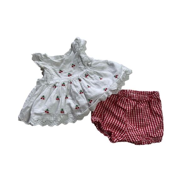 Vintage 1990s Eyelet Embroidered Cherry Gigham Shorts and Top Set - Picture 2 of 3